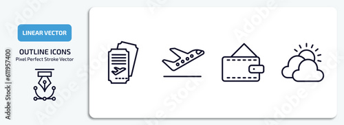 airport terminal outline icons set. airport terminal thin line icons pack included two plane tickets, departures flights, purse with bill, cloudy day vector.