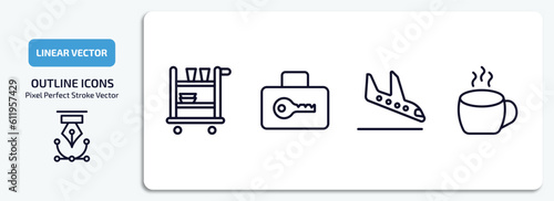 airport terminal outline icons set. airport terminal thin line icons pack included trolley with food, luggage security, plane landing, hot coffee vector.