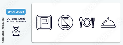 airport terminal outline icons set. airport terminal thin line icons pack included parking square, forbbiden phone, clutery for lunch, tray with cover vector. photo