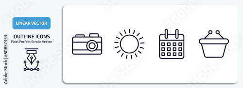 airport terminal outline icons set. airport terminal thin line icons pack included vintage camera, sunny day, week calendar, duty free basket vector.