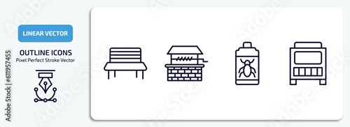 agriculture farming outline icons set. agriculture farming thin line icons pack included garden bench, well, insecticide, composter vector.