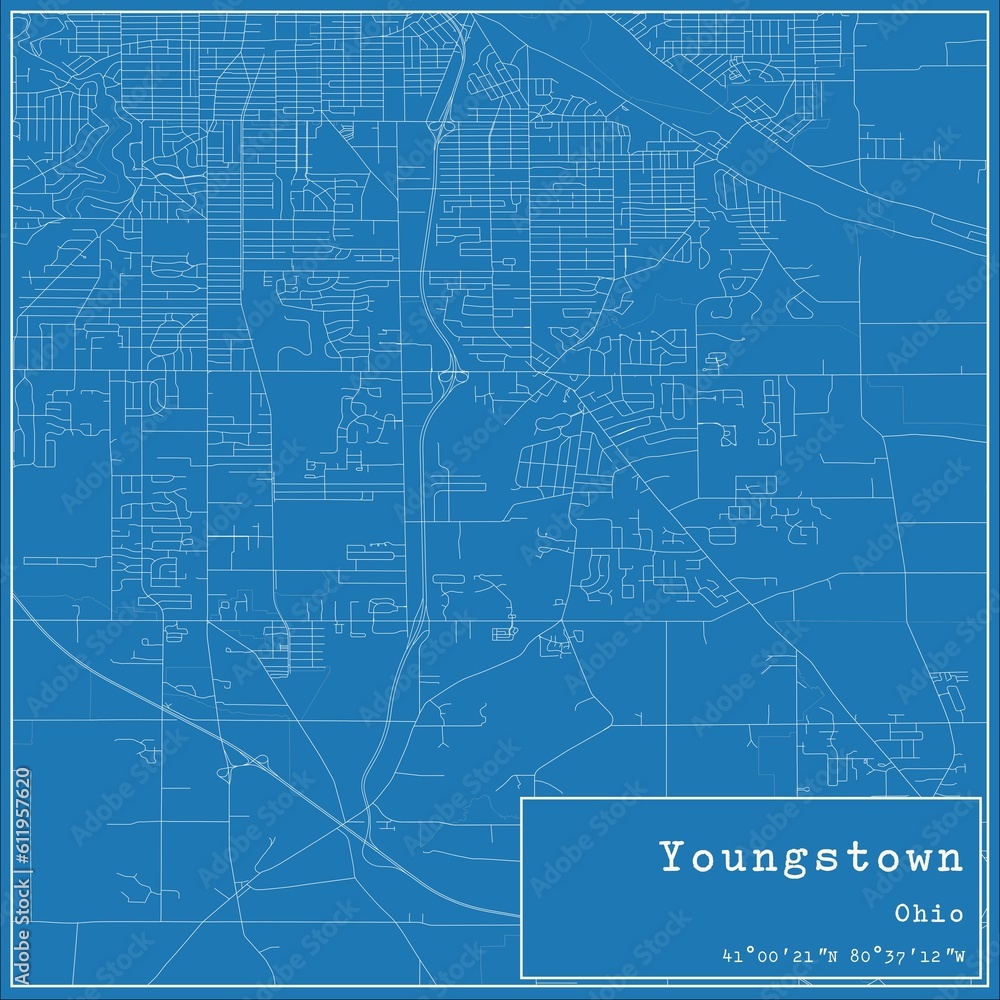 Blueprint US city map of Youngstown, Ohio.