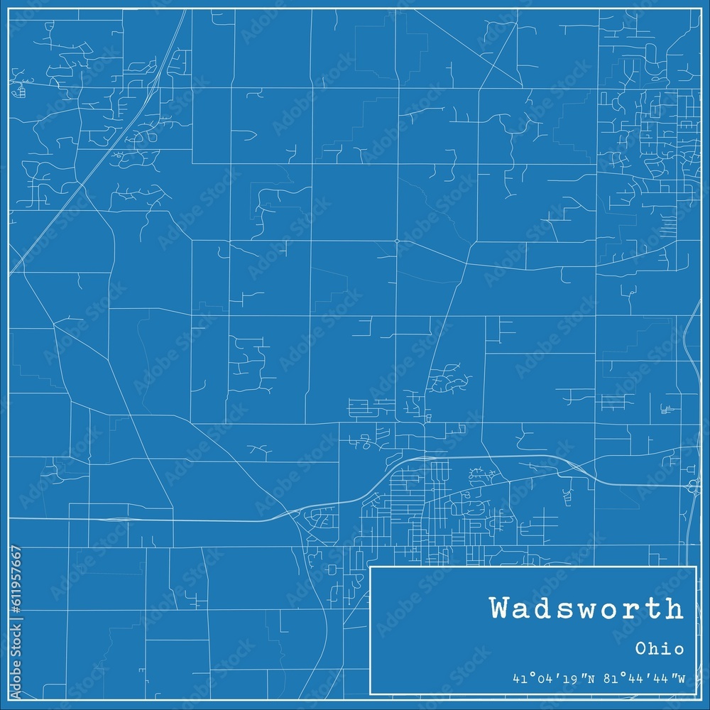 Blueprint US city map of Wadsworth, Ohio.