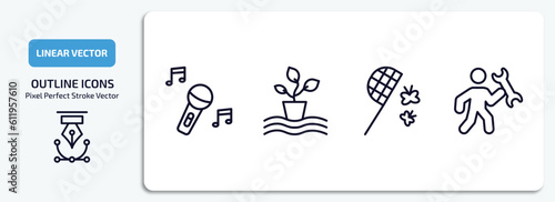 activity and hobbies outline icons set. activity and hobbies thin line icons pack included sing, hydroponics, butterfly catcher, repairing vector.