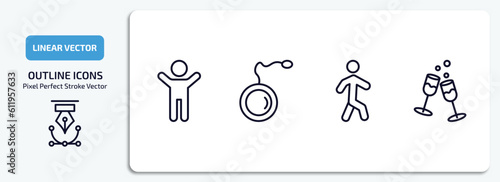 activity and hobbies outline icons set. activity and hobbies thin line icons pack included warming up, yoyo, walking, hang out vector.