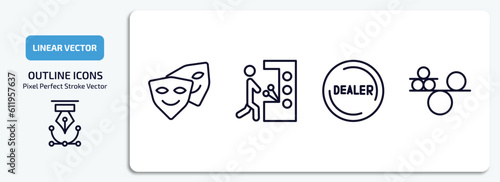 activity and hobbies outline icons set. activity and hobbies thin line icons pack included cosplaying, pachinko, dealer, balancing vector.