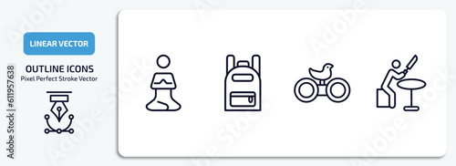 activity and hobbies outline icons set. activity and hobbies thin line icons pack included meditating, backpacks, bird watching, knife making vector.