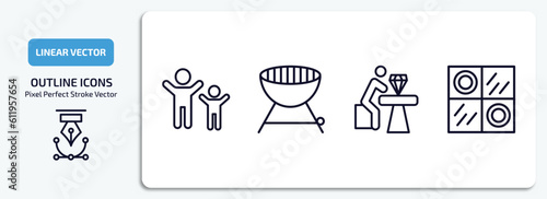 activity and hobbies outline icons set. activity and hobbies thin line icons pack included aerobic, barbeque, jewelry making, checkers vector.