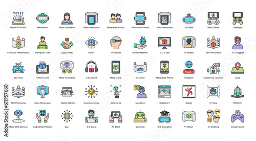 Metaverse Line Color Iconset VR AR Futuristic Filled Outline Icon Bundle