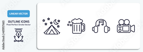 activity and hobbies outline icons set. activity and hobbies thin line icons pack included camp, brewing, listening music, film making vector.