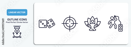 activity and hobbies outline icons set. activity and hobbies thin line icons pack included table game, hunting, yoga, beatboxing vector. photo