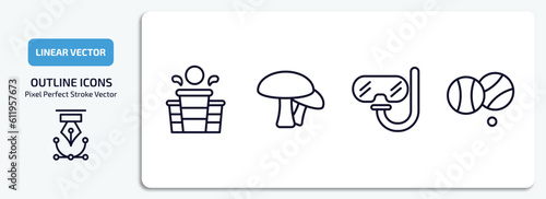 activity and hobbies outline icons set. activity and hobbies thin line icons pack included beer pong, mushrooming, diving, petanque vector.