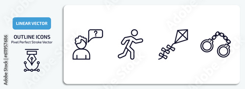 activity and hobbies outline icons set. activity and hobbies thin line icons pack included questioning, jogging, flying a kite, arrest vector.