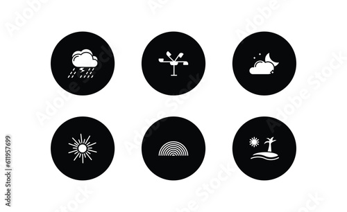 weather filled icons set. weather filled icons pack included thunderstorm, anemometer, cloudy night, sunshine, rainbow, subtropical climate vector.
