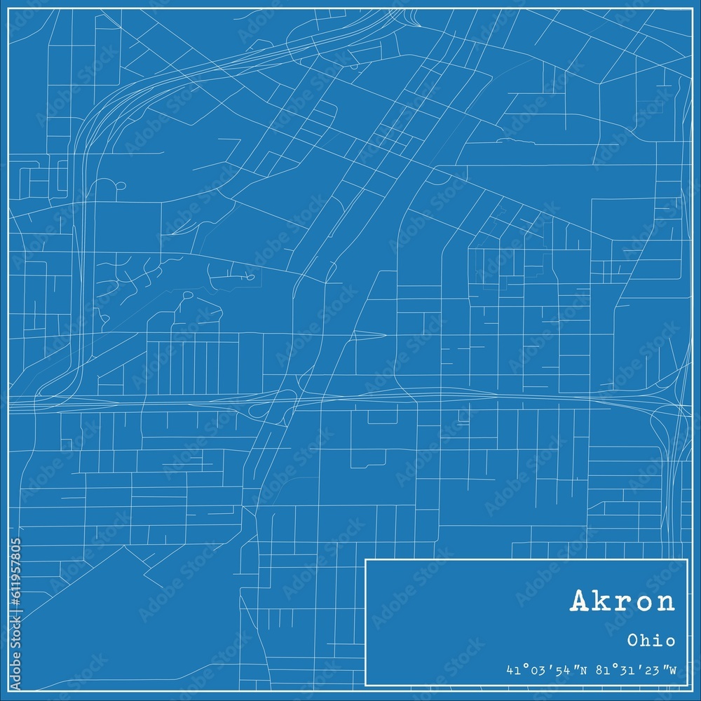 Blueprint US city map of Akron, Ohio.