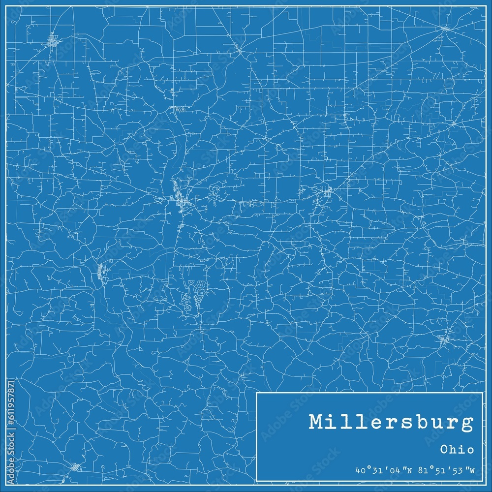 Blueprint US city map of Millersburg, Ohio.