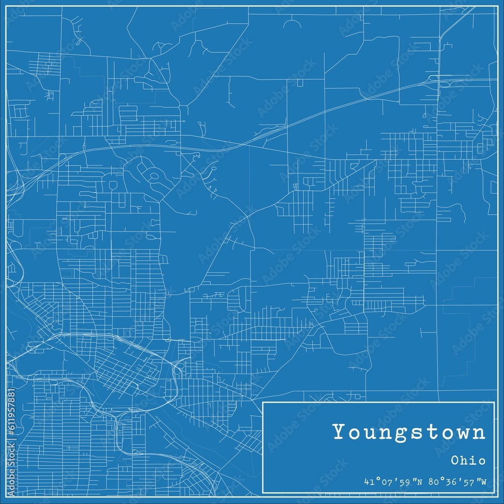 Blueprint US city map of Youngstown, Ohio.