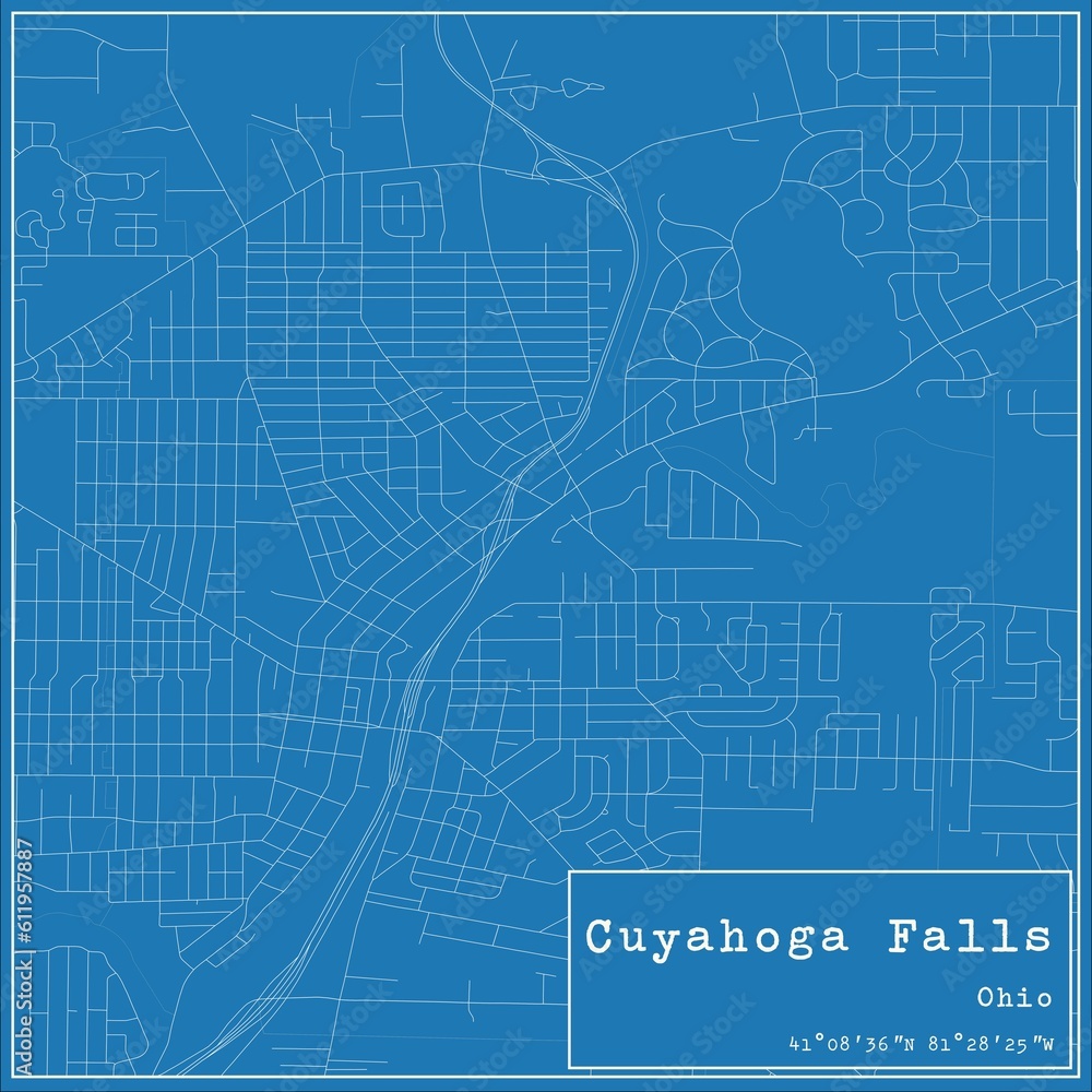 Blueprint US city map of Cuyahoga Falls, Ohio.