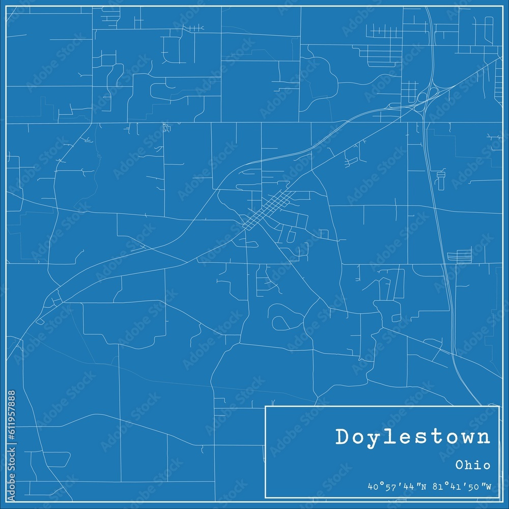 Blueprint US city map of Doylestown, Ohio.