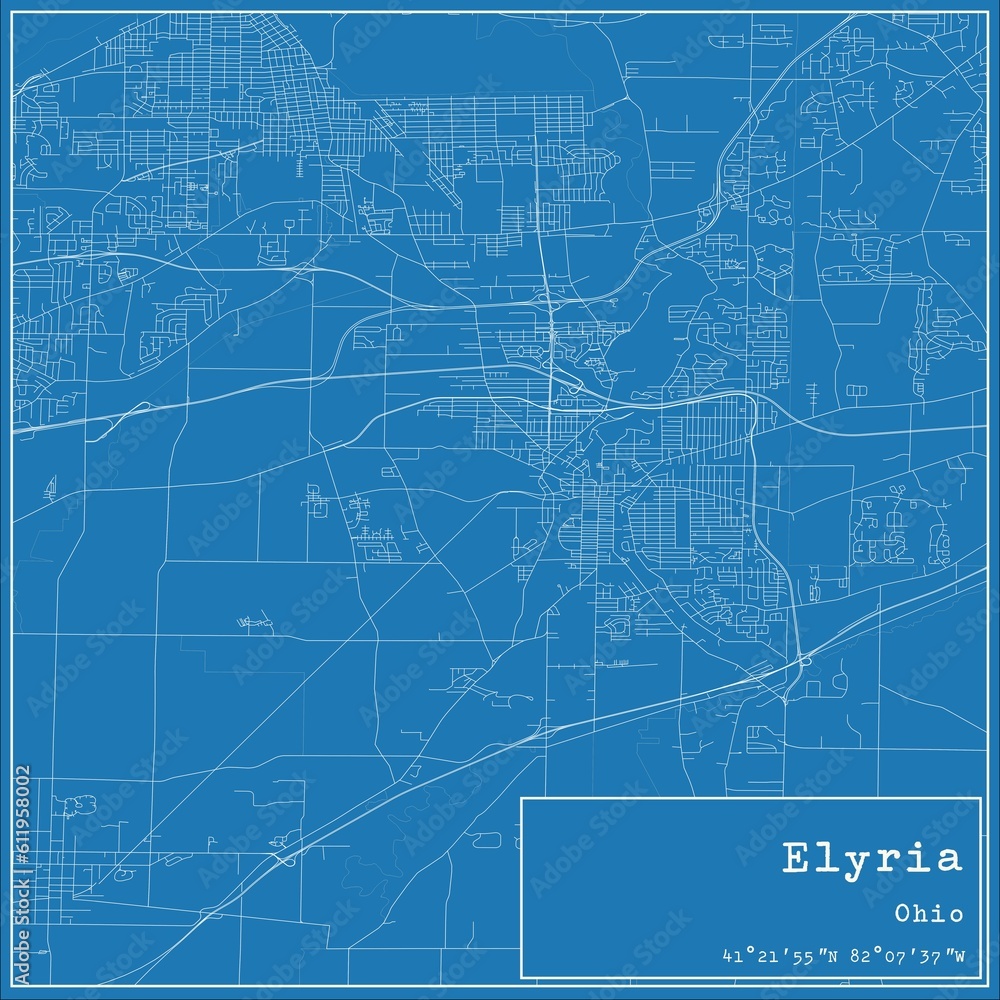 Blueprint US city map of Elyria, Ohio.
