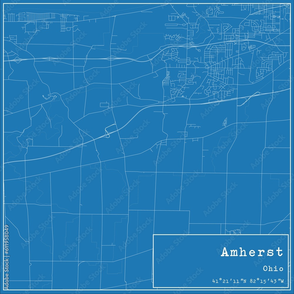 Blueprint US city map of Amherst, Ohio.