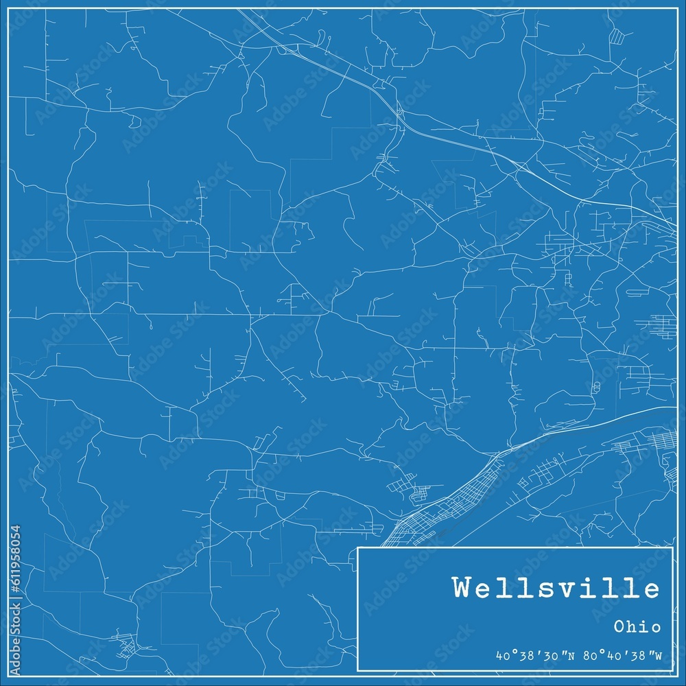 Blueprint US city map of Wellsville, Ohio.