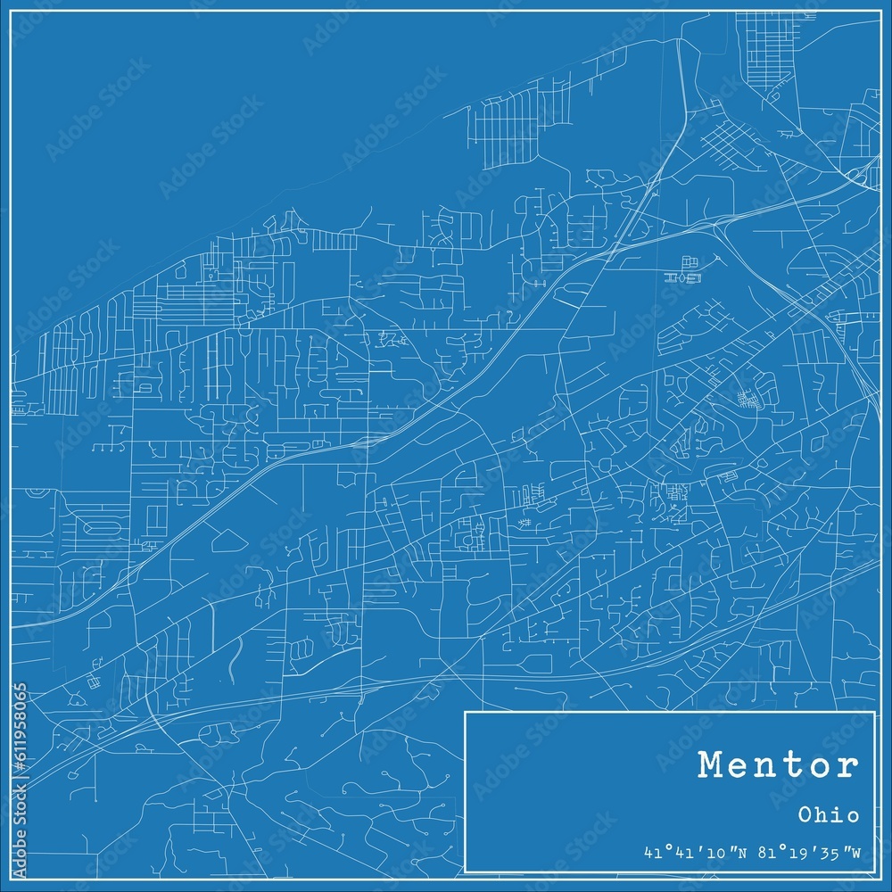 Blueprint US city map of Mentor, Ohio.