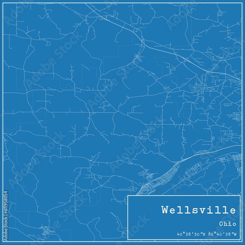 Blueprint US city map of Wellsville, Ohio.