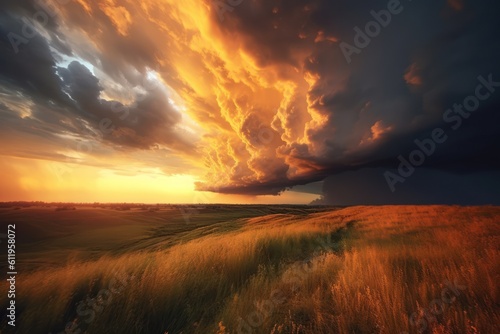Utterly spectacular sunset with colourful clouds lit by the sun. Epic Bright Sky, Sunset landscape