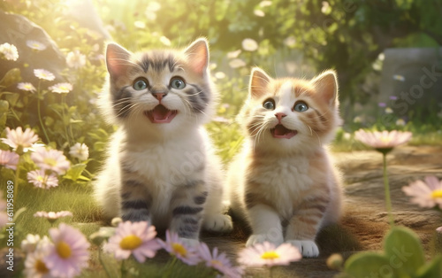 Two kittens laughing. Embark on a walk through a garden adorned with blossoms. Marvel at the cute grin of a baby feline.  Generative AI © omune