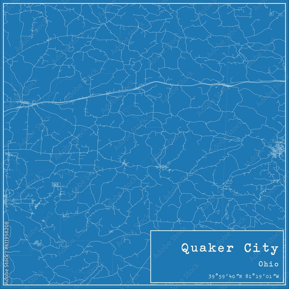 Blueprint US city map of Quaker City, Ohio.
