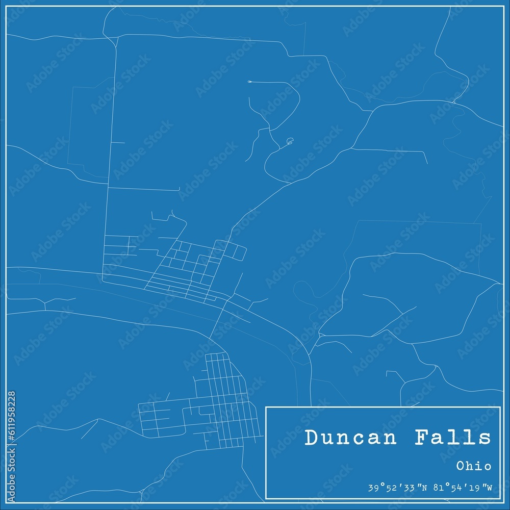 Blueprint US city map of Duncan Falls, Ohio.