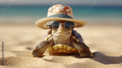a baby turtle wearing oversized shell - shaped sunglasses and a fashionable hat with Generative AI. © Art.disini
