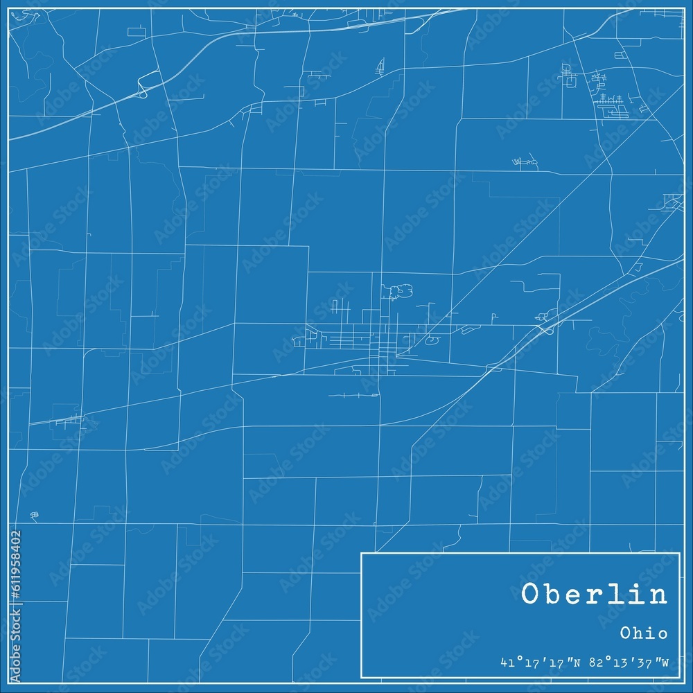 Blueprint US city map of Oberlin, Ohio.