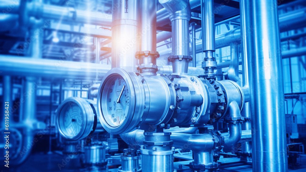 Fototapeta premium Industrial pipeline, oil and gas factory, blue color banner with Generative AI.