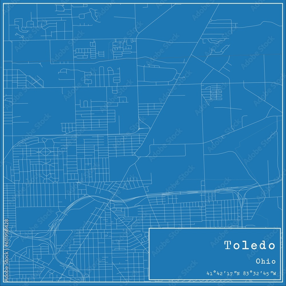 Blueprint US city map of Toledo, Ohio.