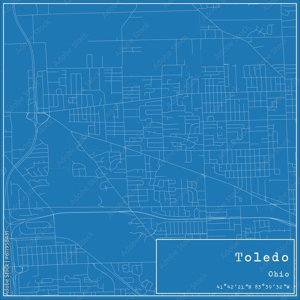 Blueprint US city map of Toledo, Ohio.