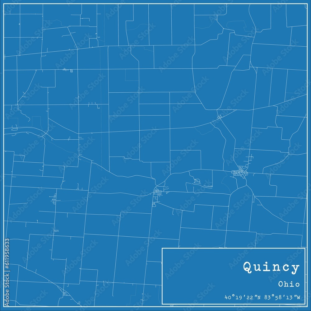 Blueprint US city map of Quincy, Ohio.