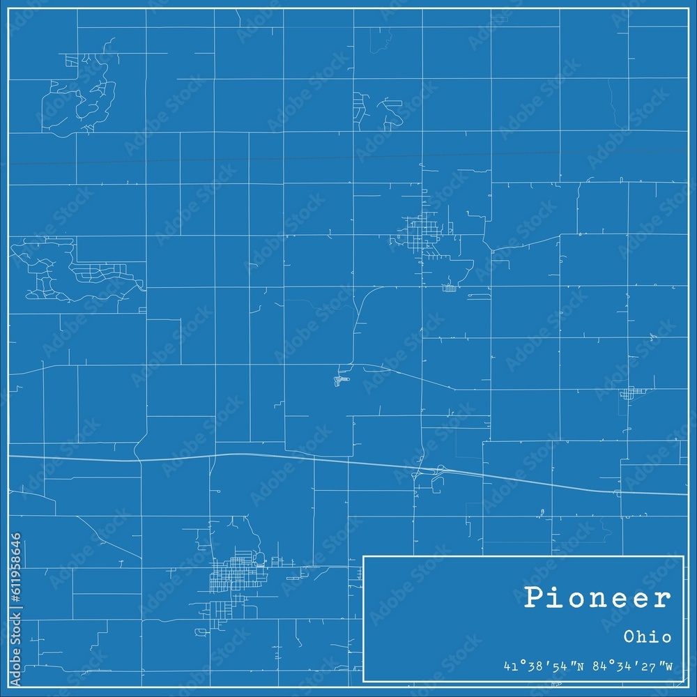 Blueprint US city map of Pioneer, Ohio.