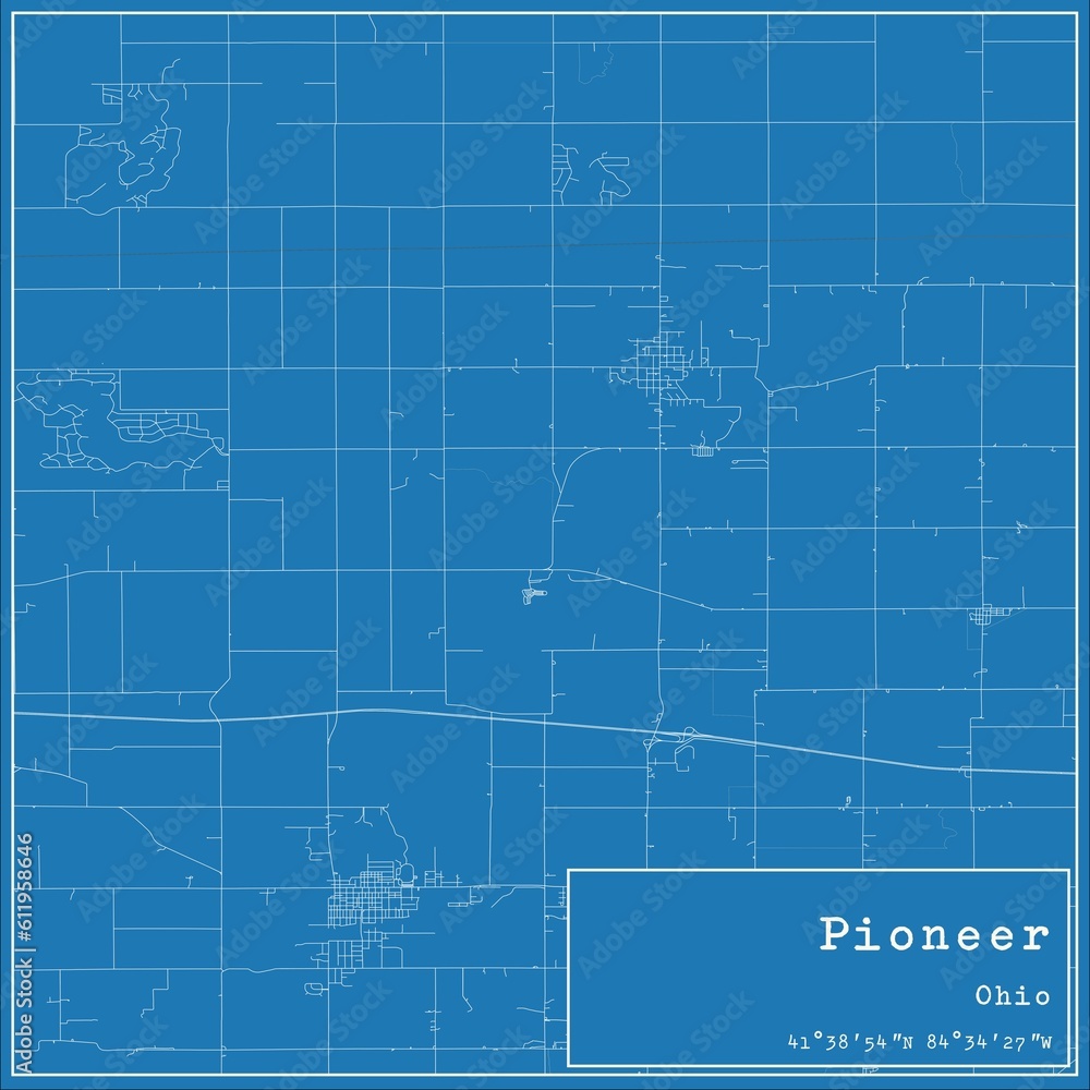 Blueprint US city map of Pioneer, Ohio. Blueprint US city map of Pioneer, Ohio.