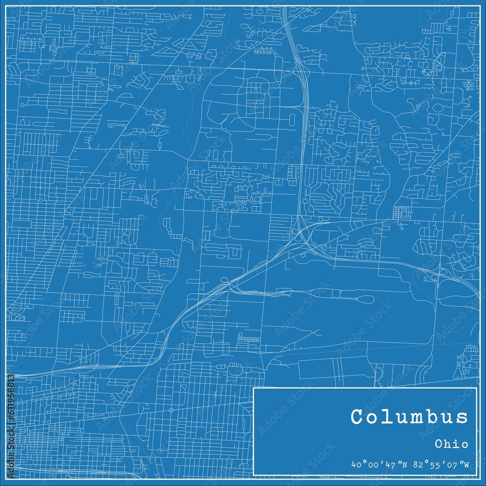 Blueprint US city map of Columbus, Ohio.