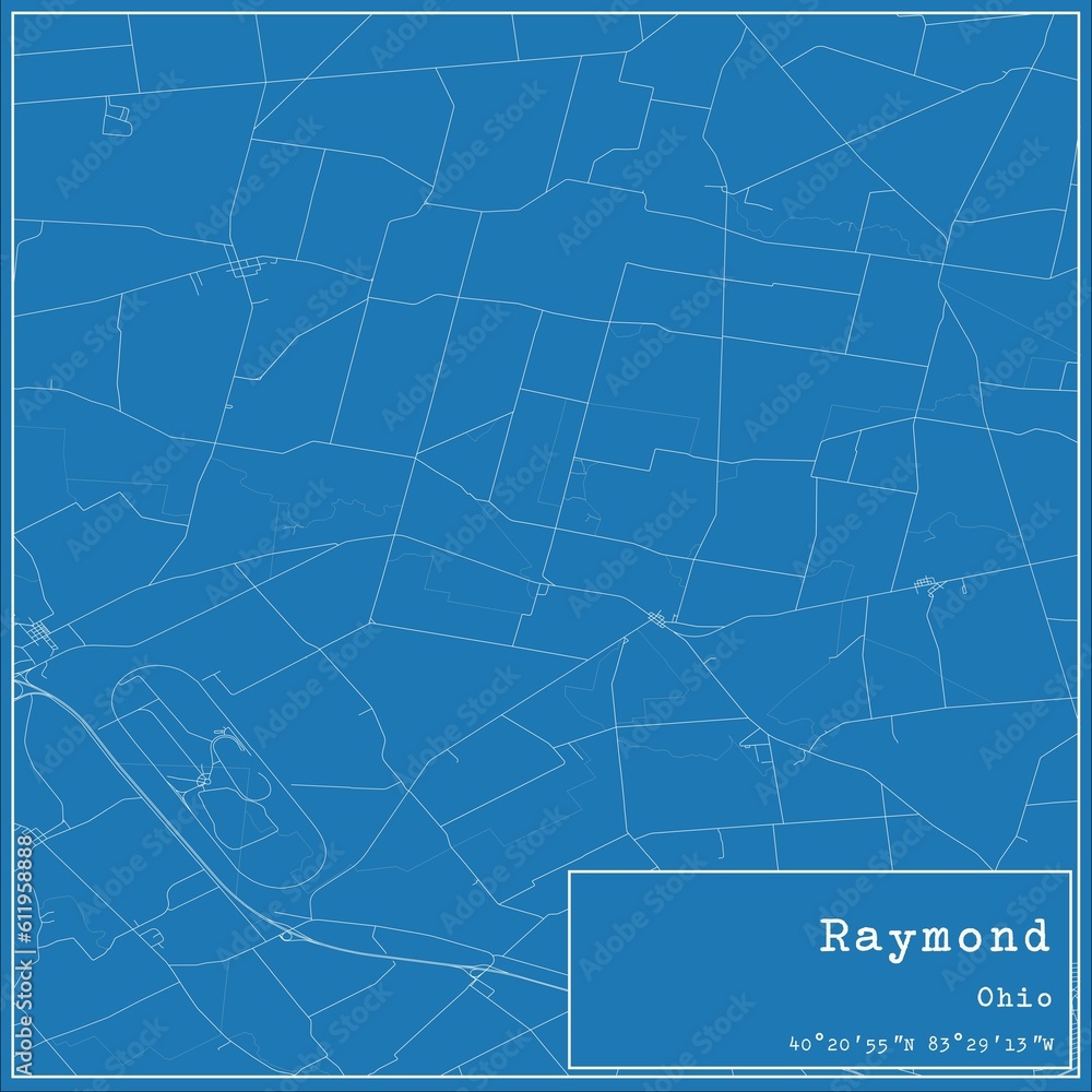 Blueprint US city map of Raymond, Ohio.