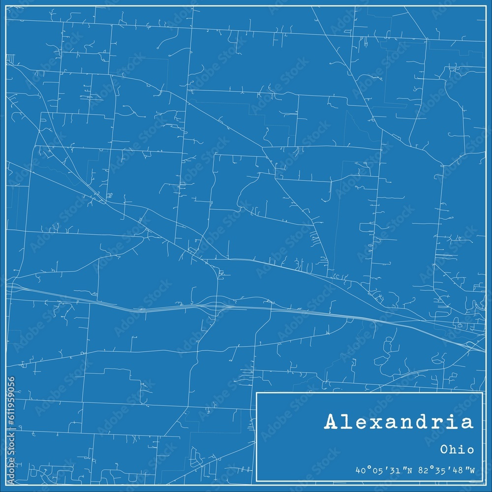 Blueprint US city map of Alexandria, Ohio.