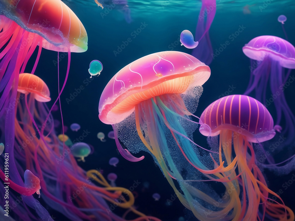 Fototapeta premium Colorful jellyfish under the sea, Generative AI Illustration.