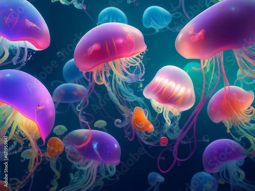 Colorful jellyfish under the sea, Generative AI Illustration.