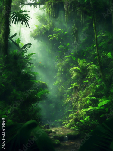 Green beautifull jungle background, Generative AI Illustration. © Creative_Bringer