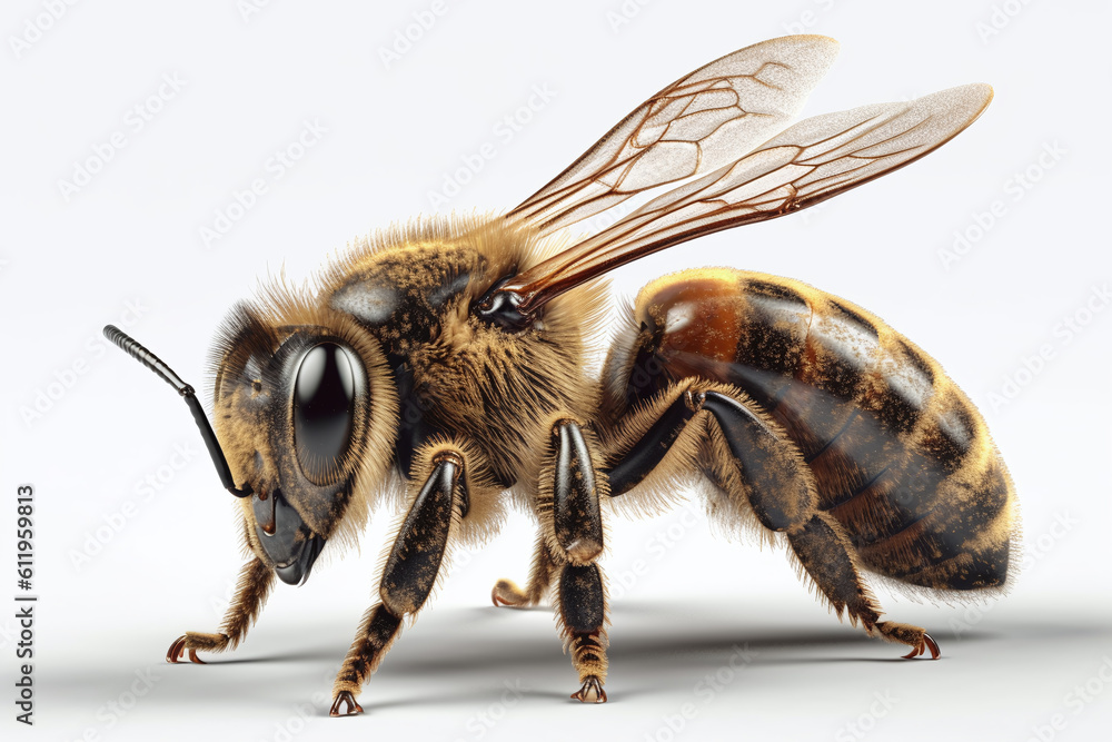 Portrait of a Honey Bee shot, close-up, isolated on black background. generative AI Portrait of a Honey Bee shot, close-up, isolated on black background. generative AI