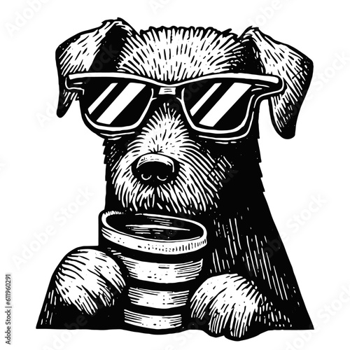 dog wearing sunglasses with a cup sketch