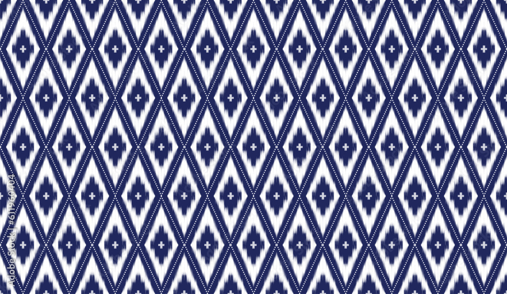 Geometric ethnic ikat pattern design. Tribal Art classic blue and white colors. Abstrack background. Vector illustration. Geometric ethnic ikat pattern design. Tribal Art classic blue and white colors. Abstrack background. Vector illustration.