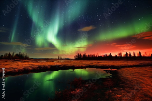 Aurora landscape with northern lights, generative ai © elchinarts